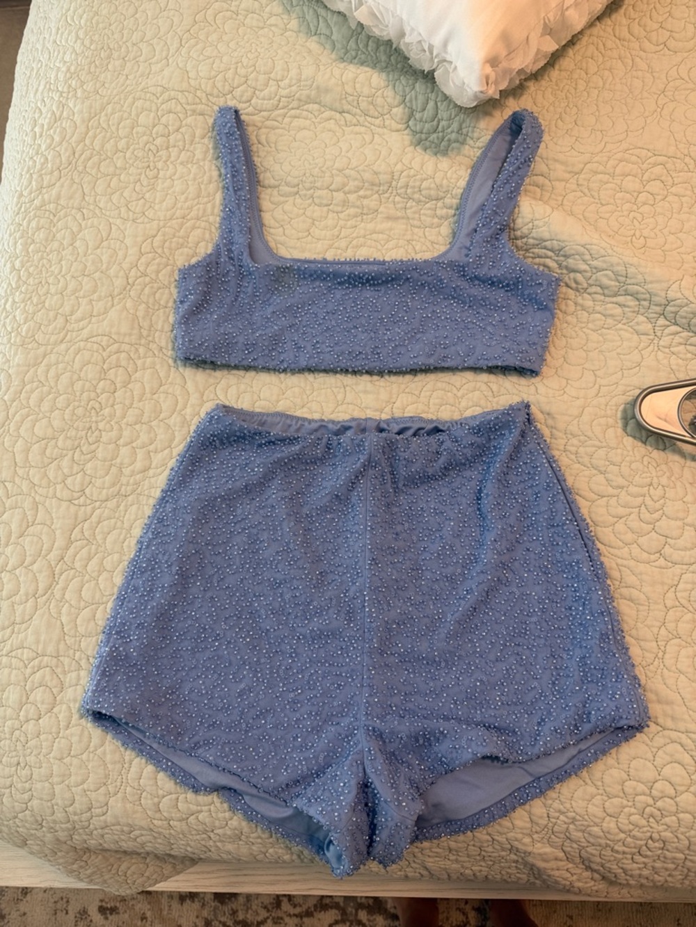 Oh Polly Lavender Beaded Crop Top & High-Waist Shorts Set